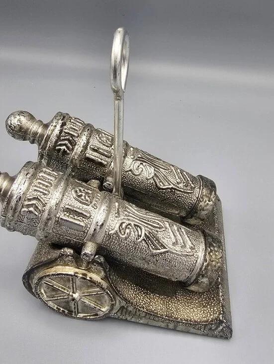 Vintage Metal Cannon Salt and Pepper Shakers with Holder