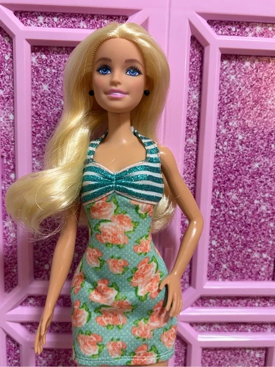 Barbie Green Floral Halter Dress with Pink Flowers