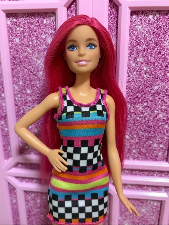 Barbie Pink-Red Hair Multicolor Striped Checkerboard Dress