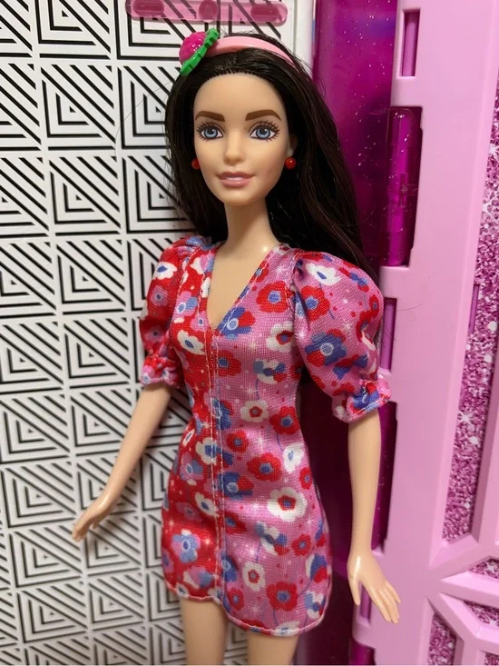 Barbie Pink and Red Floral Puff-Sleeve Mini Dress