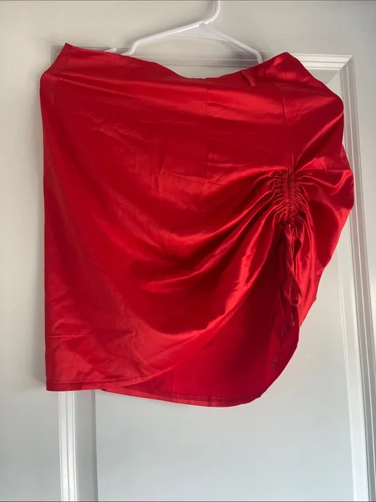 Red Ruched Satin Mini Skirt