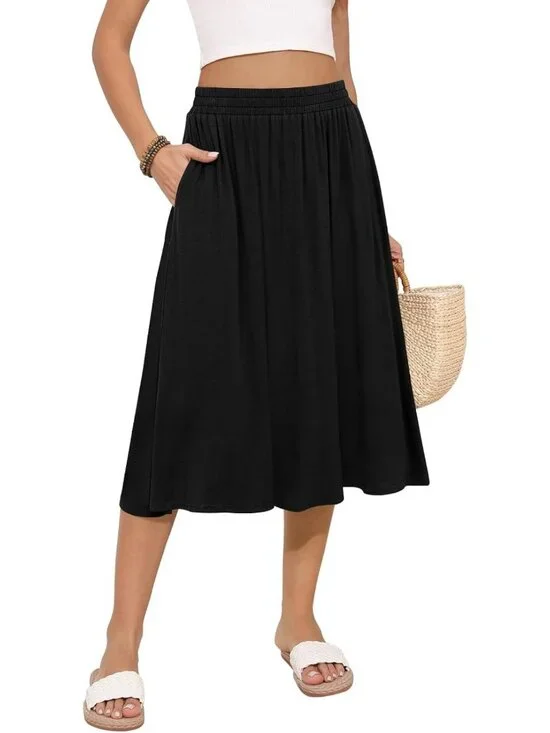 Flowy High Waisted Midi Skirt for Women - Casual Pleated Summer Skirt with