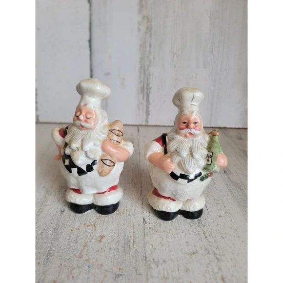 Vintage Italian chef Santa Claus salt pepper shaker Xmas set kitchen ceramic