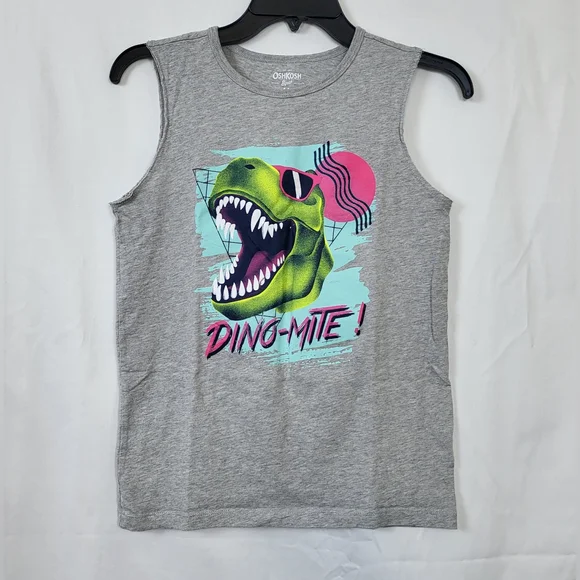 Oshkosh B'gosh Boys Heathered Gray Dinosaur Graphic Sleeveless Muscle Tank Sz 14