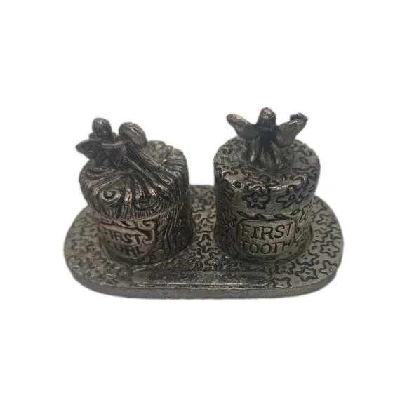 First Tooth & First Curl VINTAGE BabyKeepsake Boxes Set Pewter Fairy Theme