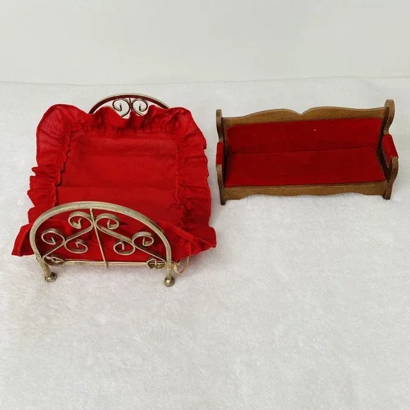 Vintage Concorde Miniatures Red Velvet Parlor Sofa Brass Bed Dollhouse Furniture