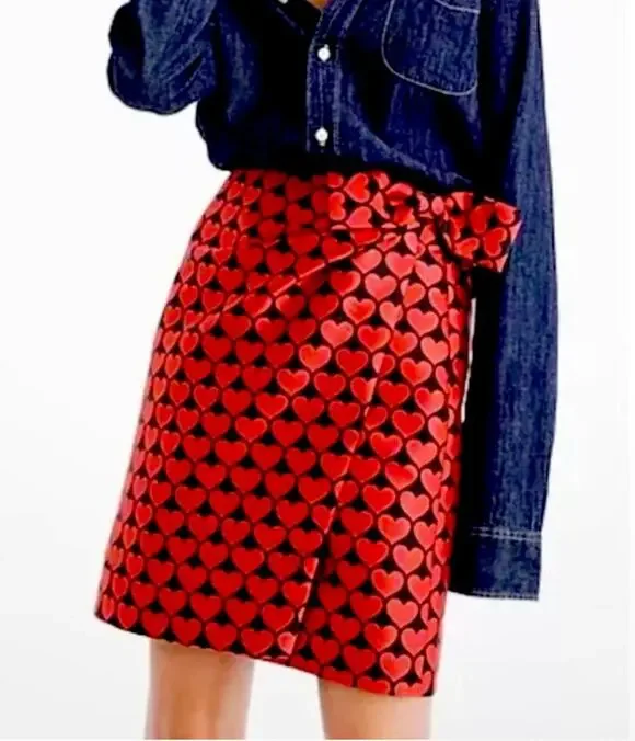 J. Crew Electric Red Jacquard Heart Faux Wrap Skirt Style H2856 Sz 00