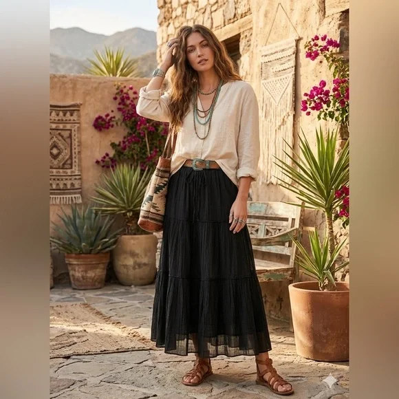 Cotton Boho Tiered Maxi Skirt black boho hippie lightweight sz 3XL summer beach