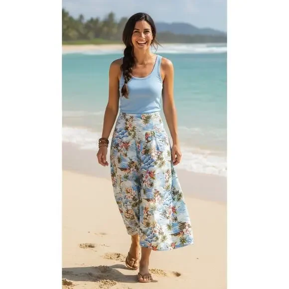 Lynt California UV‎ Protect Maxi Swing Skirt Sz M Blue Tropical Island Vacation