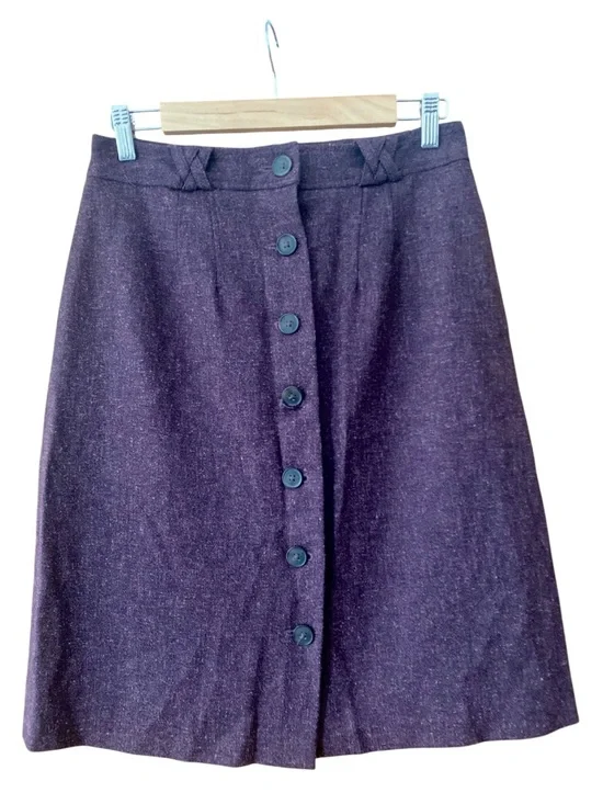 French Connection A-Line Button Front Tweed Midi Skirt Plum Purple Size 6