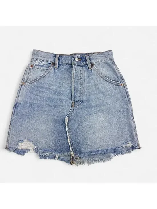 Free People blue denim mini skirt with frayed hem