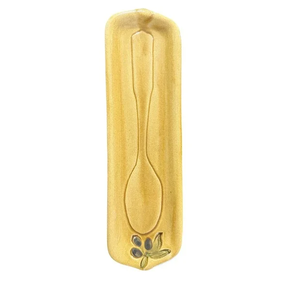 Mustard Yellow Ceramic Spoon Rest Olive Branch‎ Motif Rustic Kitchen Decor