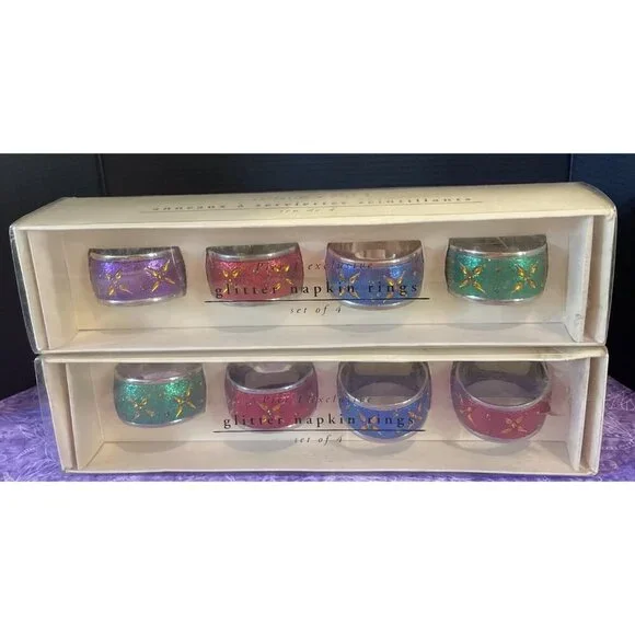 Pier 1 Glitter Jeweled Napkin Rings Boxed Blue Purple Red Green Set‎ of 8