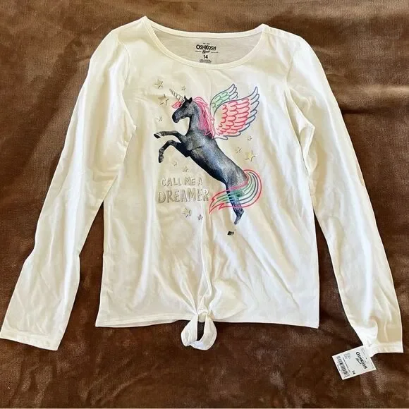 OshKosh B'gosh Girls White Long Sleeve with Colorful Unicorn and Knot NWT 14