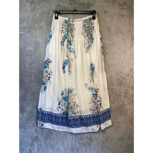 J. Jill Paisley Floral Smocked Waist Maxi Skirt White Blue Coral Size XS