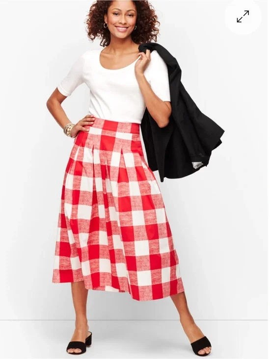 New Talbots Plus 18W Red and White Gingham Pleated cotton Midi Skirt