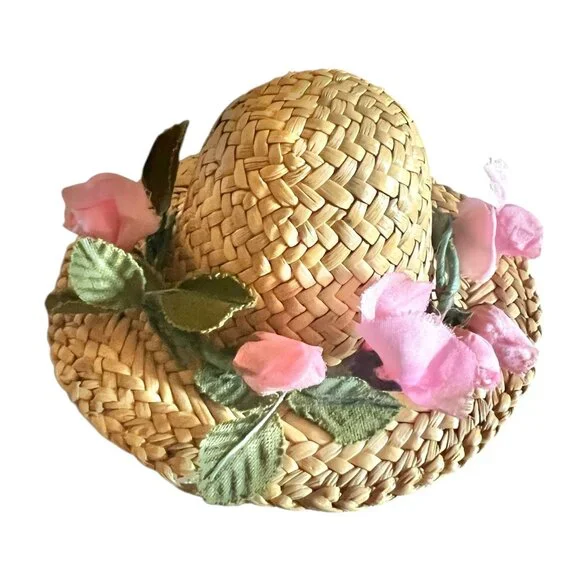 Doll’s Straw Hat with Pink Silk Flowers Rosebuds 4