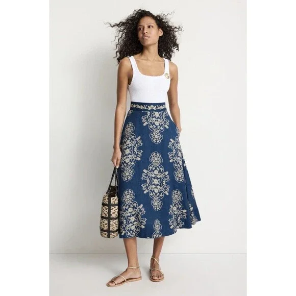 Agua Bendita Bergamota Ribbons 100% Linen Baroque Floral Maxi Skirt Boho Resort