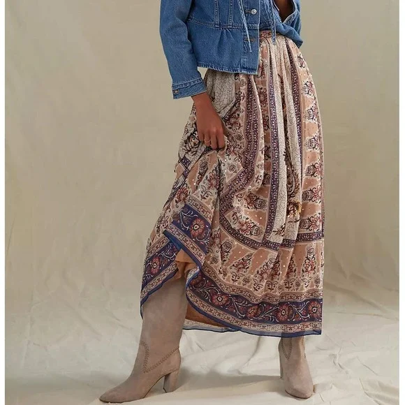 Anthropologie Let Me Be Embroidered Maxi Skirt Beaded Boho Ethereal Size Small
