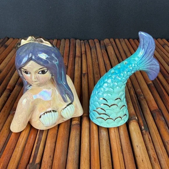 Rare‎ Lusterware Mermaid Salt and Pepper Shaker Set Tiki Bar Kitsch Beach #2006
