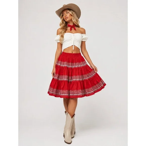 Square Up Fashions Red Dance Skirt Metallic Ruffle Fair M USA Made