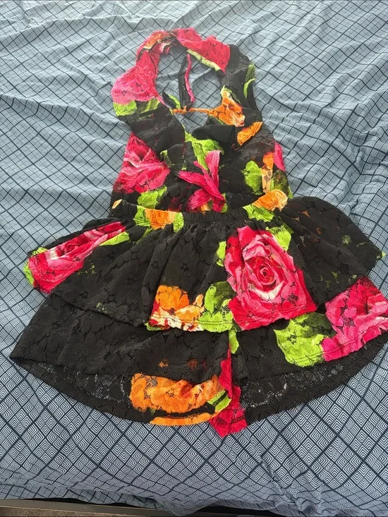Fashion Nova Black Floral Lace Tiered Skirt with Pink, Green & Orange Roses