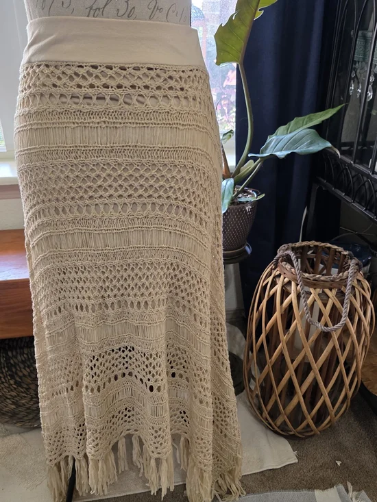 Chico's Cream Handkerchief Crochet Fringe Maxi Skirt