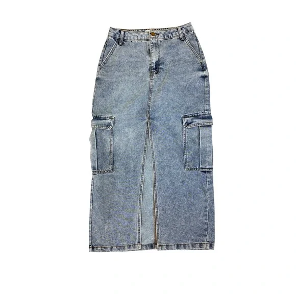 Light Wash Front Slit Cargo Denim Maxi Skirt Women Size 7 Y2K Grunge Streetwear