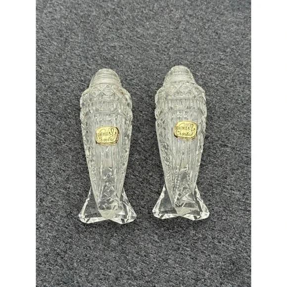 Antique Bohemian Crystal Salt & Pepper Shaker Clear Glass Lids Czechoslovakia‎