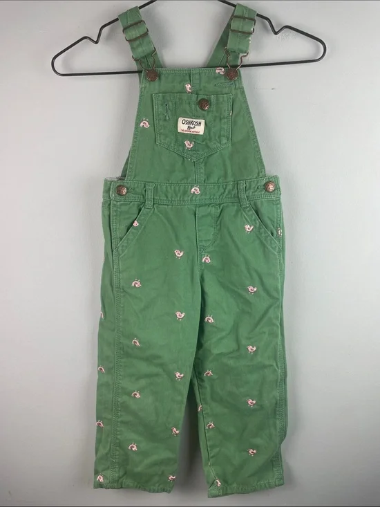OshKosh B'gosh Green Overalls with Pink Embroidered Birds Size 3 toddler