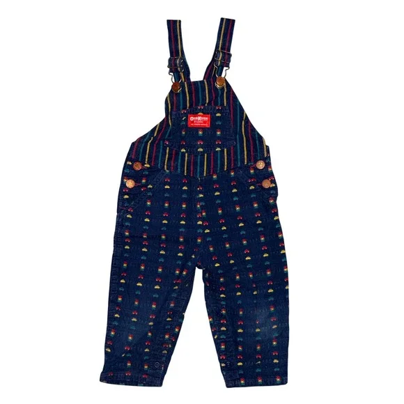 OshKosh Bgosh Vintage Corduroy Overalls 24M Navy Blue Car Traffic Light Print