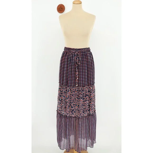 Caprise Tiered Maxi Skirt Floral Geometric Elastic Drawstring Waist Size‎ Medium