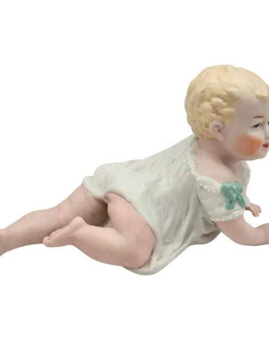 Vintage Bisque Piano Baby with White Dress and Blonde Hair Hand painted Figure