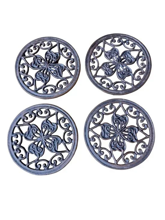Cast Iron Trivet Set of 4 Floral Clover Leaf 7