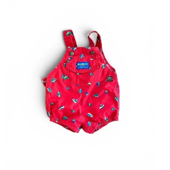 OshKosh Bgosh VTG Red Sailboat Print Overalls Nautical Baby 6-9‎ MonthsM