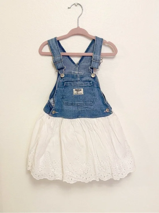 OshKosh B'gosh Blue Denim Eyelet Skirt Overall Dress - Blue and White