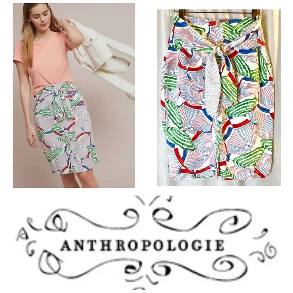 Anthropologie Beach Umbrella Skirt Button Front Belted Waistline Front Pockets