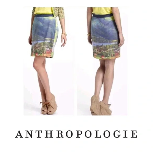 Anthropologie Meadow Rue River School Watercolor Landscape Print Pencil Skirt