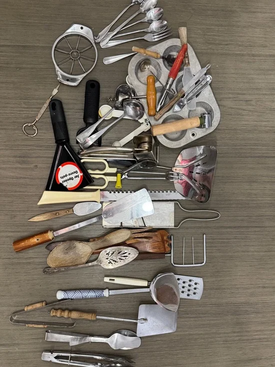 Lot of 40 Assorted Vintage Farmhouse Kitchen Utensils, Wood Handles