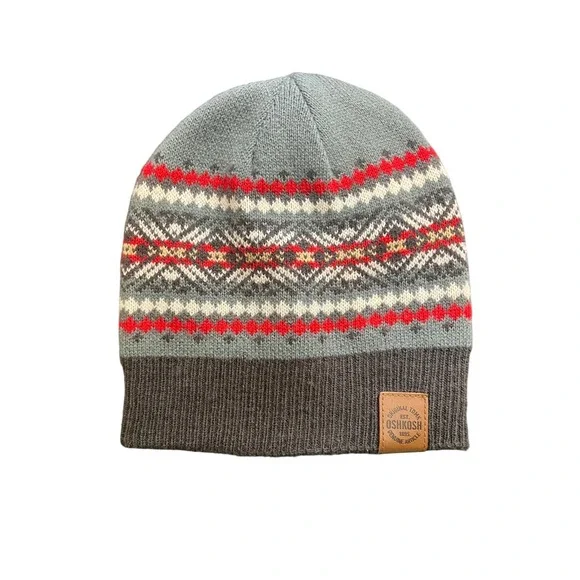 OshKosh Bgosh Kids Grey Red Fair‎ Isle Knit Beanie Hat Size 4-7 OSH19734