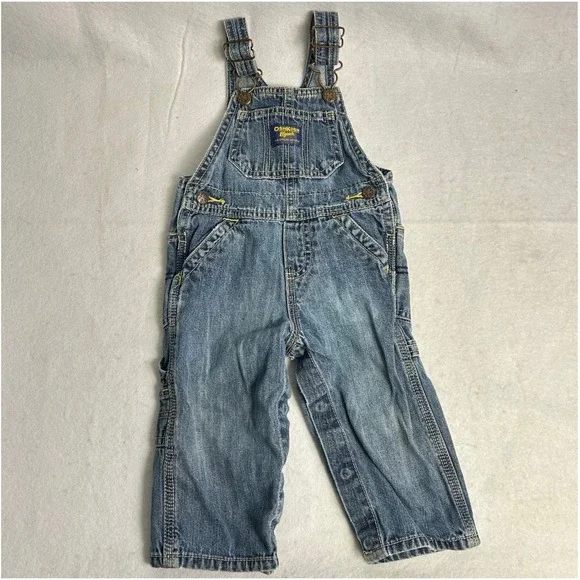 Vintage‎ Style OshKosh Bgosh Kids 12M Blue Denim Carpenter Snap Inseam Overalls