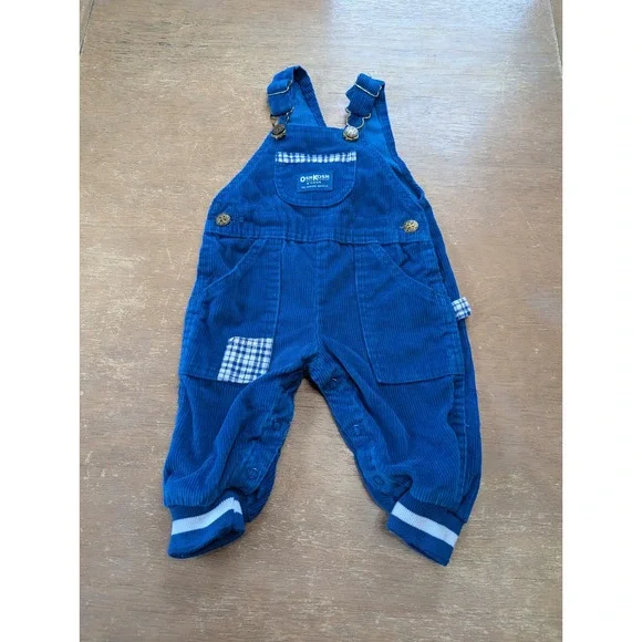 Vintage OshKosh Bgosh Blue‎ Corduroy Overalls Plaid Patch USA Made Kids 12M