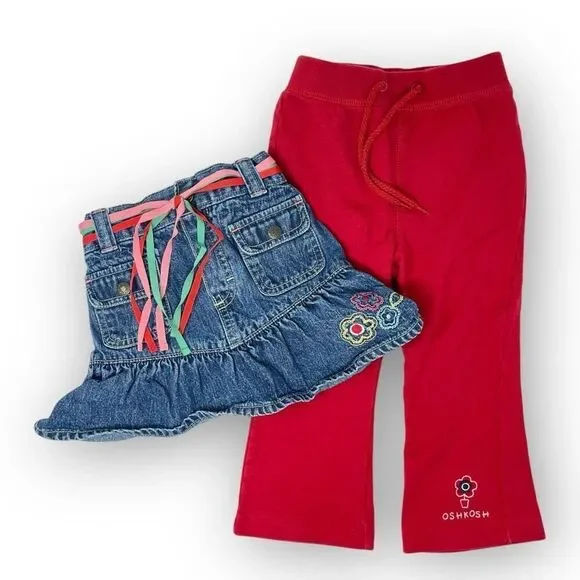 Vintage Y2K Osh Kosh B’Gosh Red Flare Pants & Ruffle Denim Skirt Girls Size 2T