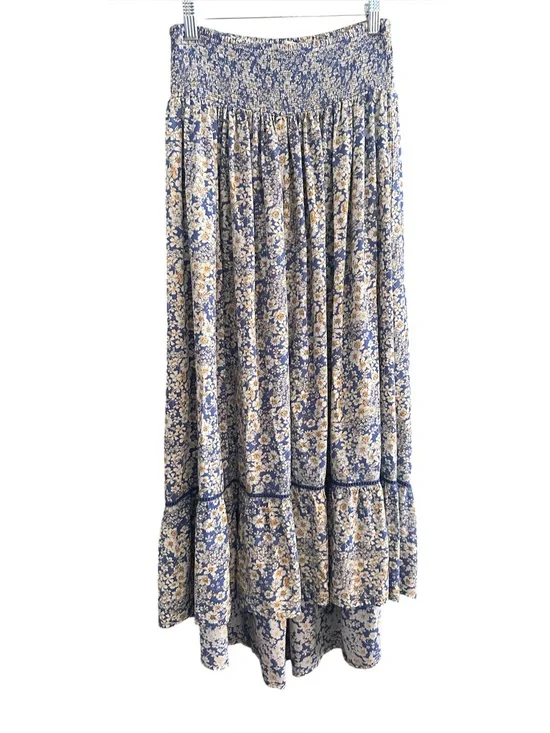 Patrons of Peace Blue and Cream Floral Smocked Maxi Skirt