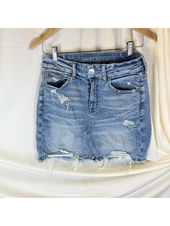 American Eagle Womens 4 REG Curvy Hi-Rise Mini Super Stretch Blue Jean Skirt