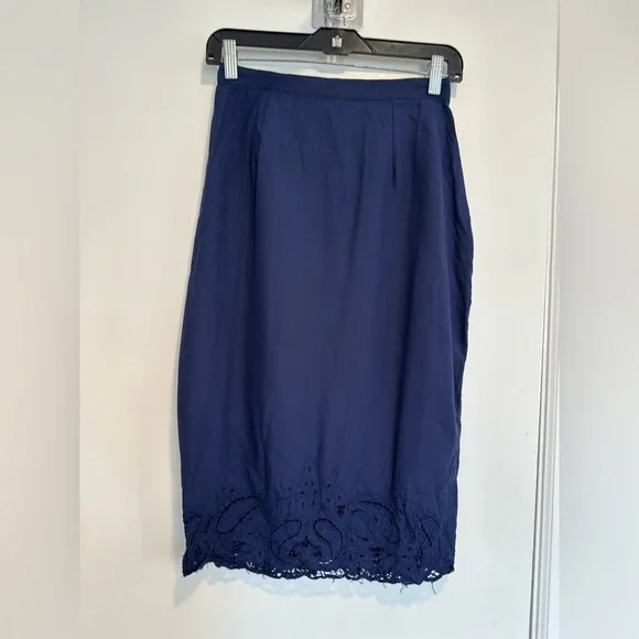VTG 80s Hibis SzM Navy blue Lightweight midi-length pencil skirt Eyelet lace hem