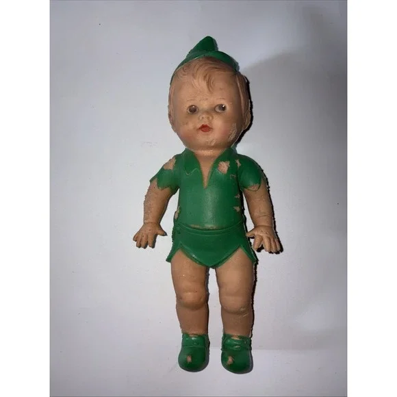 Vintage 1950's Peter Pan Squeaker Doll Figurine The Sun Rubber Co. Damaged