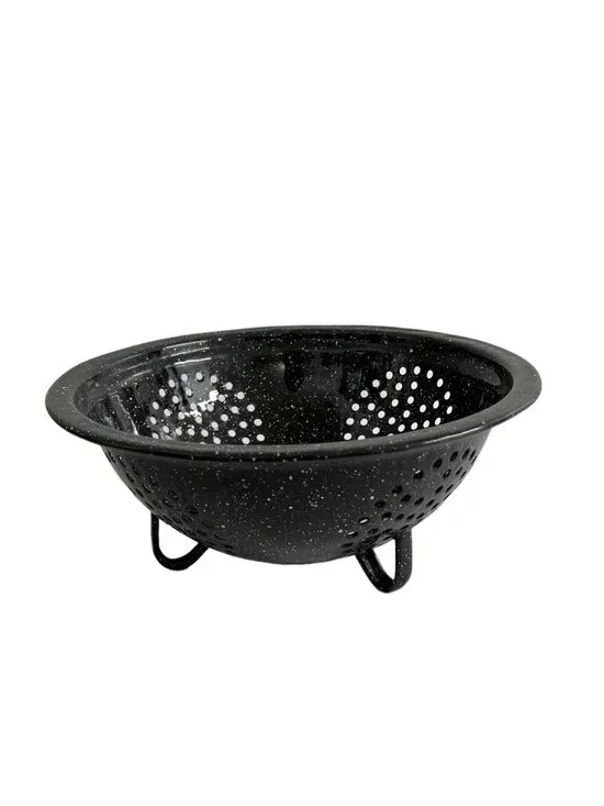 Vintage Enamelware Graniteware Colander Black White Speckled Strainer 9