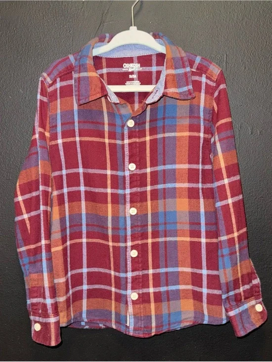 OshKosh B'gosh Maroon Plaid Button-Down Shirt with Orange and Blue Accents