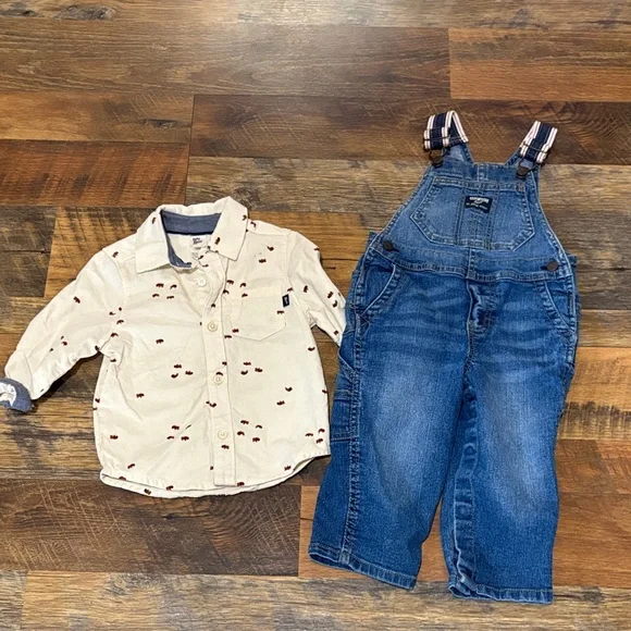 OshKosh B'gosh‎ Blue Denim Overalls with Cream Shirt